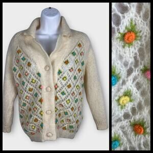 1950s Cream Knitted Crochet Colorful Pom‎ Pom Floral 3D Wool Cardigan Medium